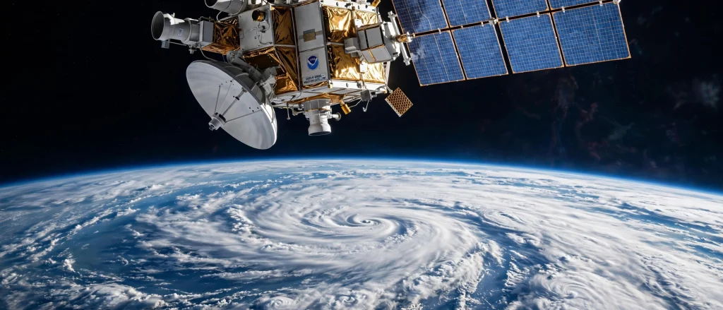 Weather satellite orbiting Earth above swirling storm clouds
